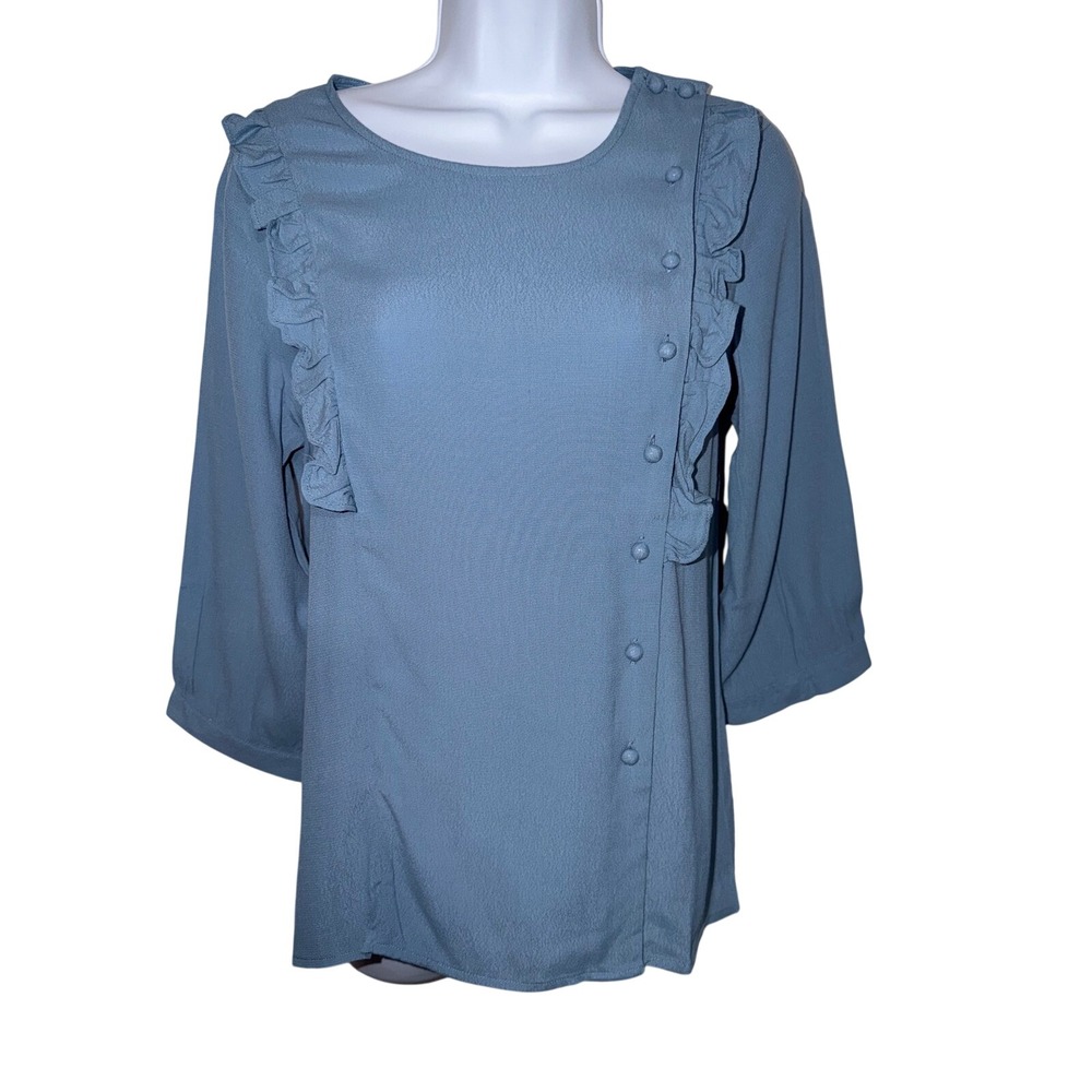 Tulip B Womens Blue Ruffle Side Button 3/4 Sleeve Blouse Top S8JT2331 Size S